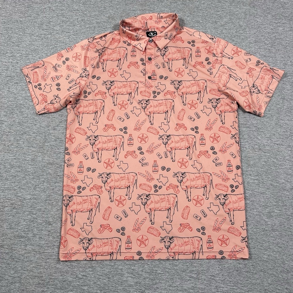 Raised By Coyotes Polo Shirt Mens Medium Pink Texas BBQ Short Sleeve Stretch - Picture 2 of 7